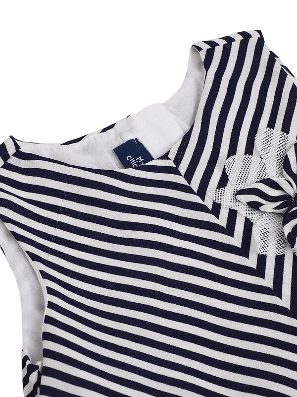 Girls White & Blue Short Sleeve Striped Dress image number 2